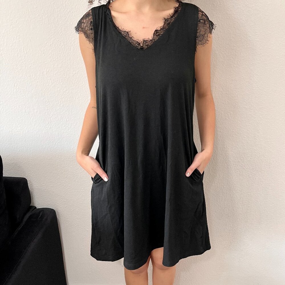 Black V Neck Dress with Lace